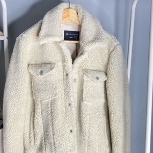 All Saints “Bevin” Sherpa Trucker Jacket in Stone White